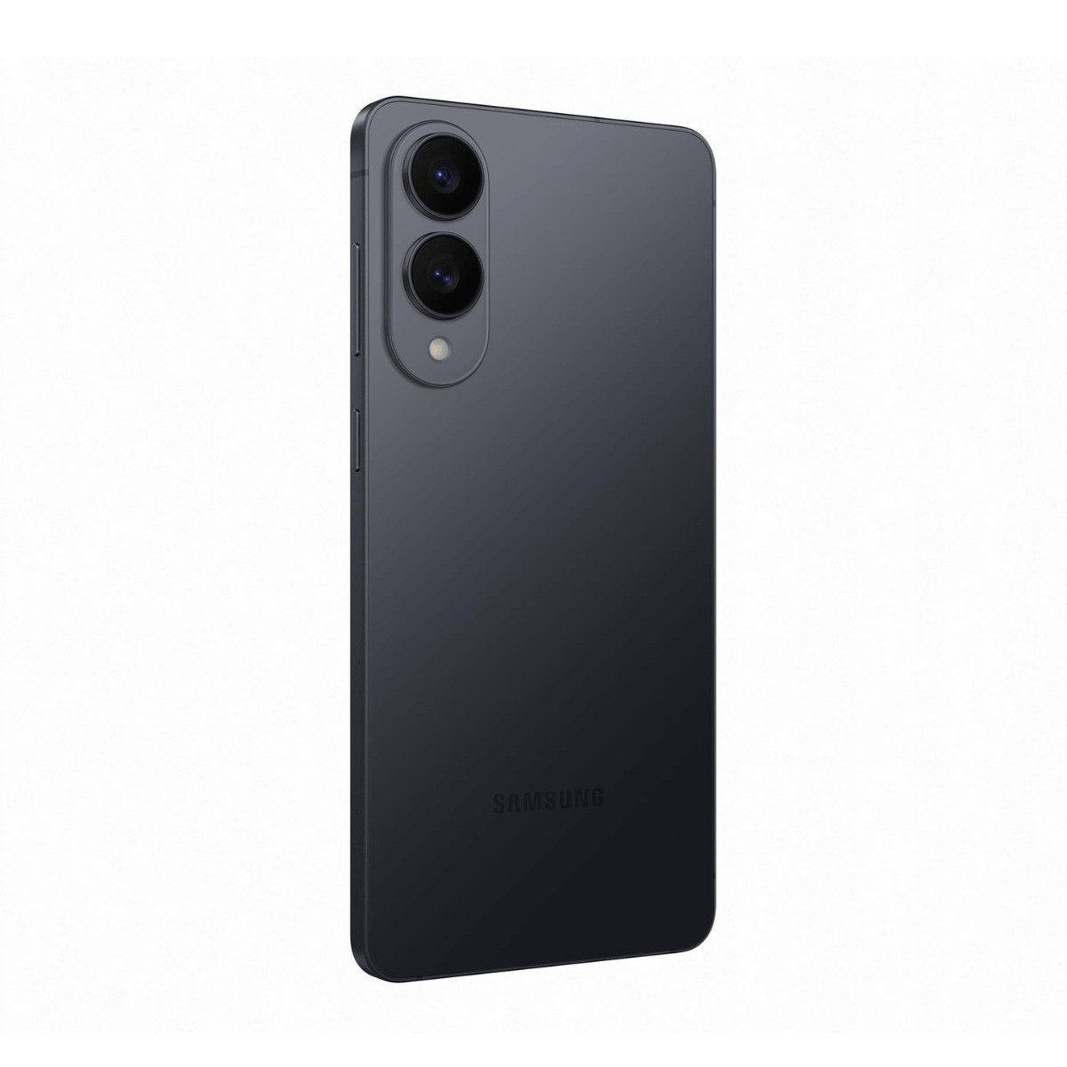 Retro di uno smartphone Samsung grigio con due fotocamere verticali su sfondo chiaro.