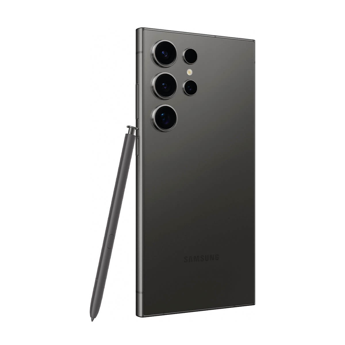 Smartphone Samsung grigio scuro con fotocamere posteriori e pennino accanto su sfondo bianco.