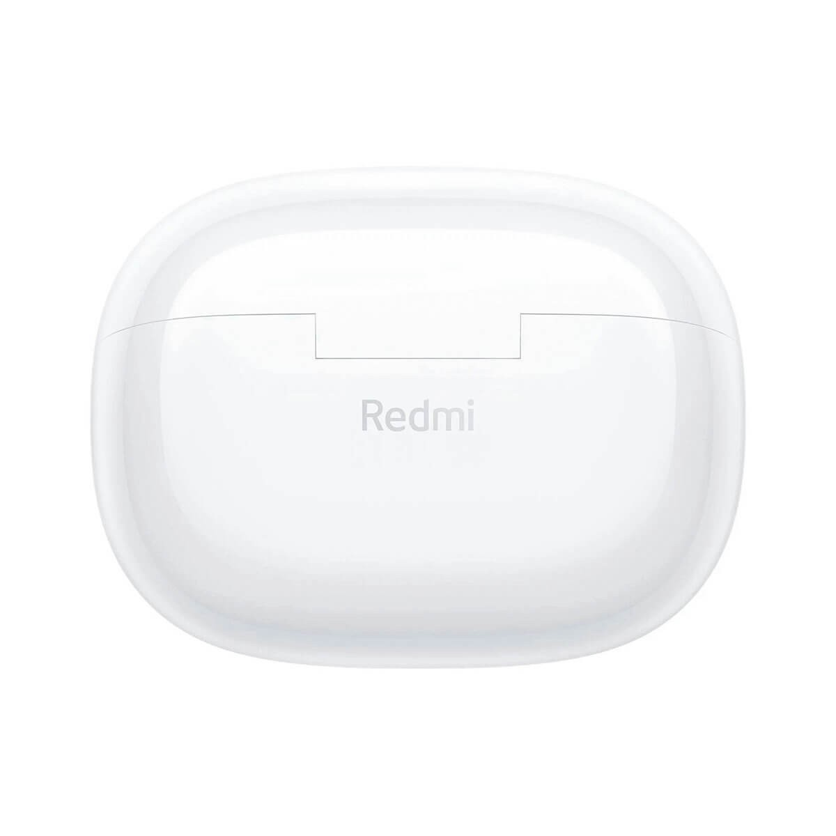 Un étui de charge pour écouteurs Redmi blanc et ovale sur fond blanc.