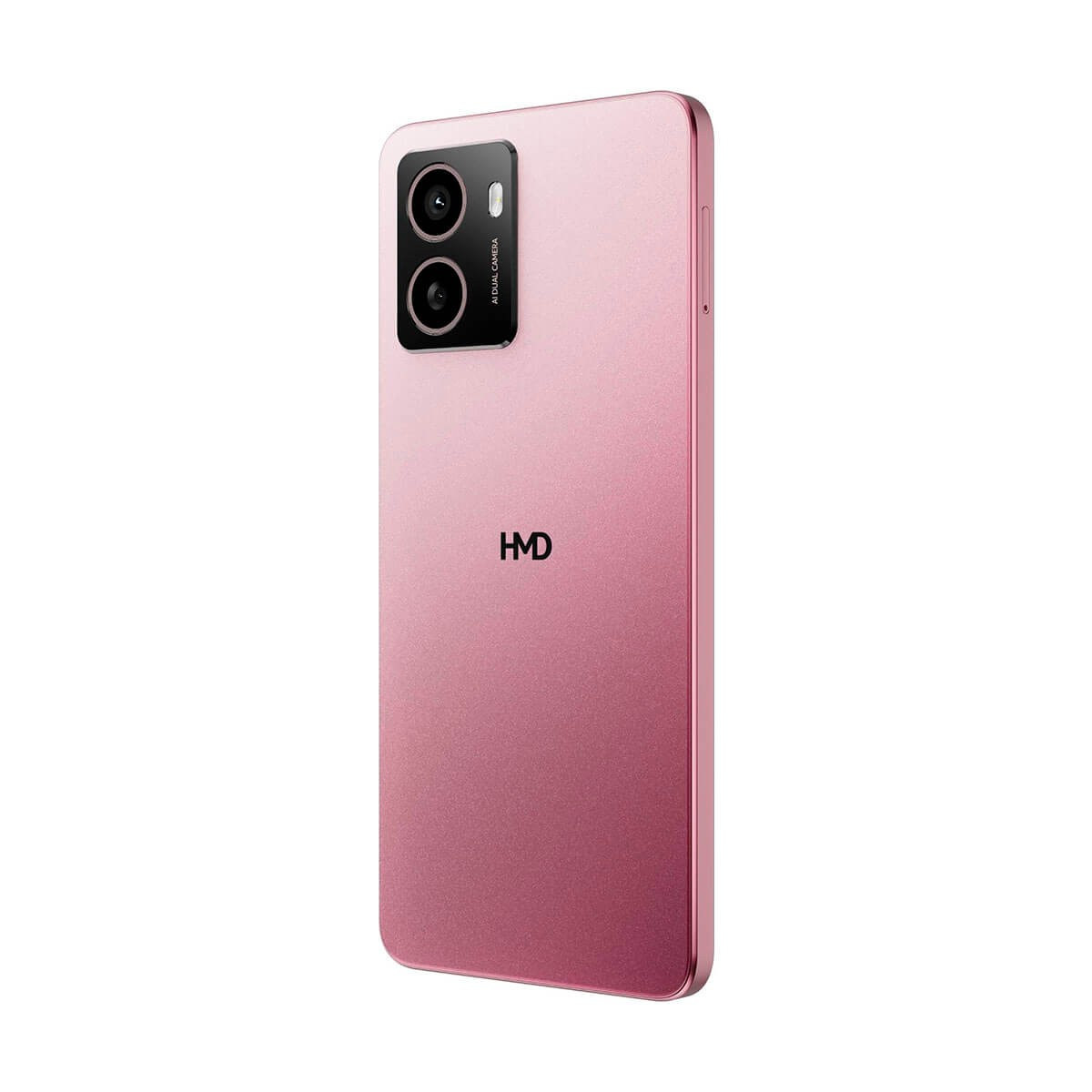 Smartphone rosa visto da dietro, con doppia fotocamera e logo HMD.