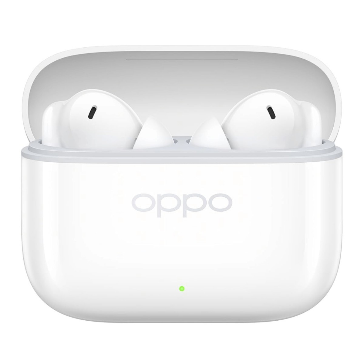 Weiße Oppo In-Ear-Kopfhörer in einem offenen Ladecase mit grünem LED-Licht auf weißem Hintergrund.