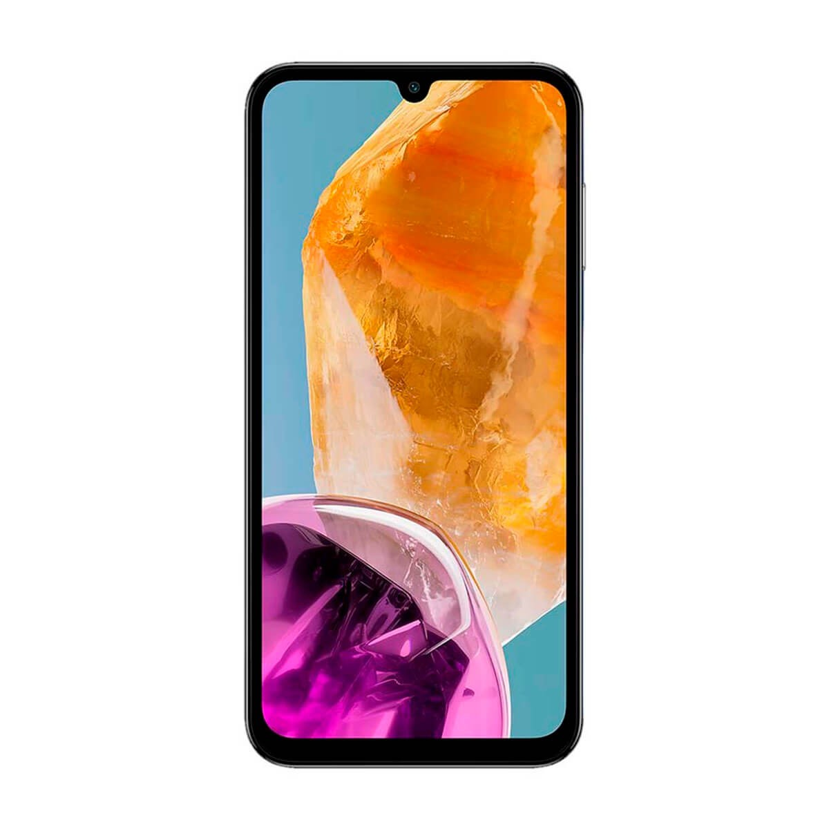 Smartphone nero con sfondo colorato raffigurante elementi arancioni e viola su fondo blu.