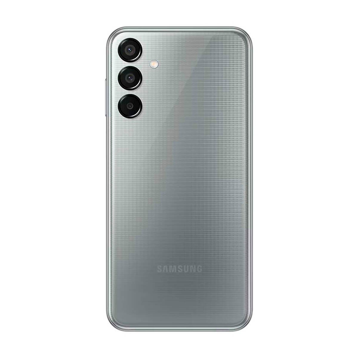 Retro di uno smartphone argento con tripla fotocamera verticale e logo Samsung.