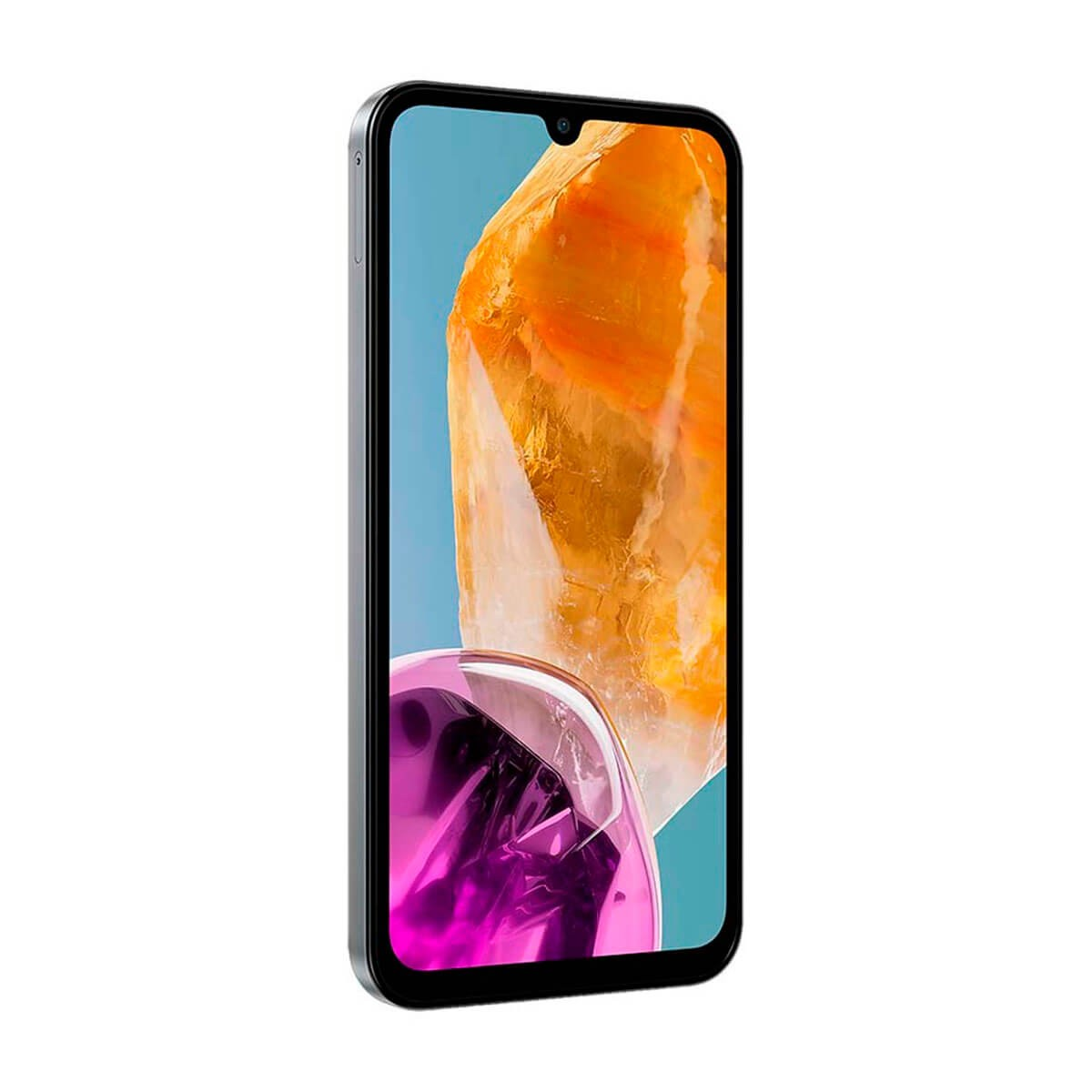Uno smartphone con cornice nera mostra uno sfondo colorato con elementi arancioni e rosa.