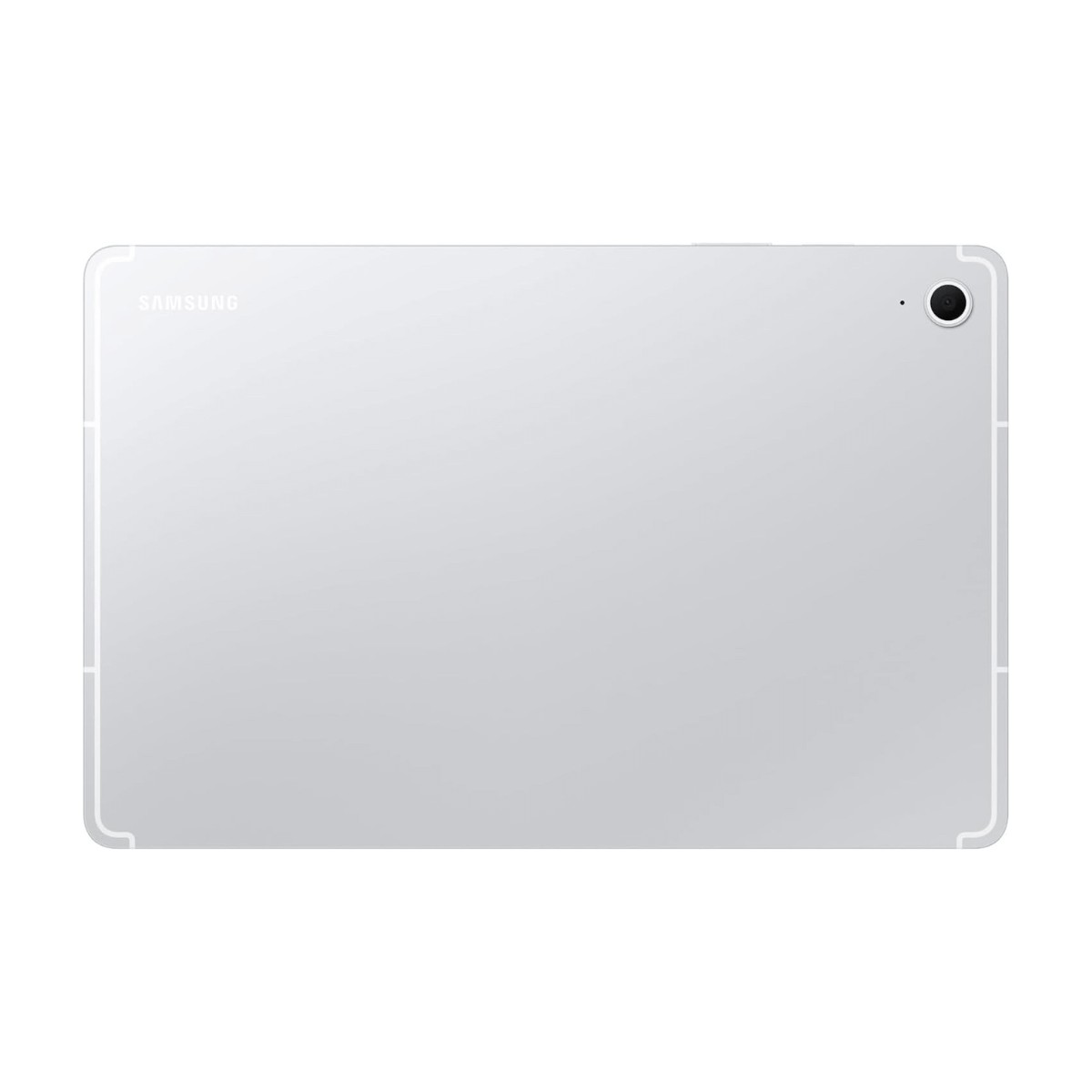 Retro di un tablet Samsung argentato con una fotocamera nell'angolo in alto a destra.