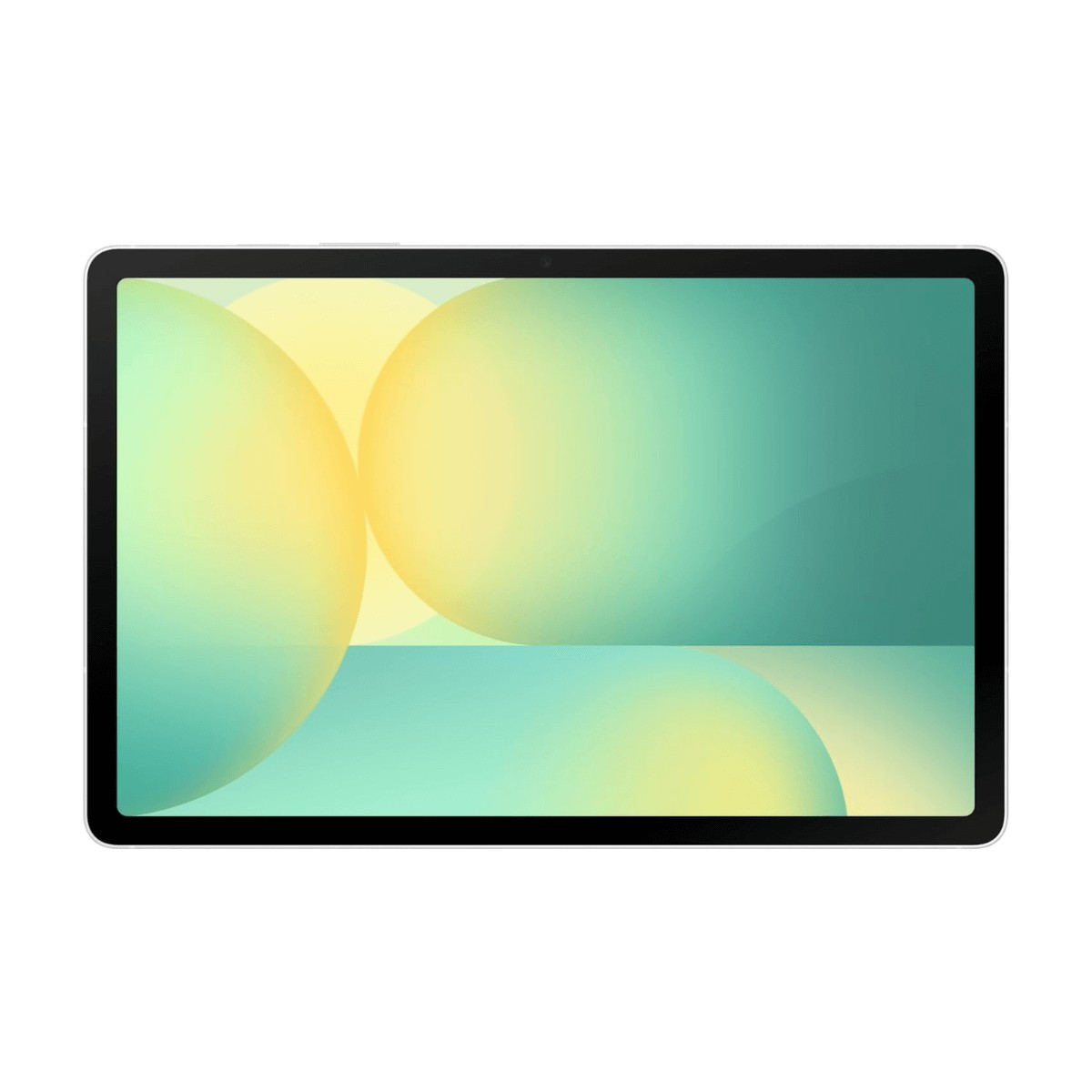 Un tablet mostra uno sfondo astratto con sfere verdi e gialle su sfondo bianco.