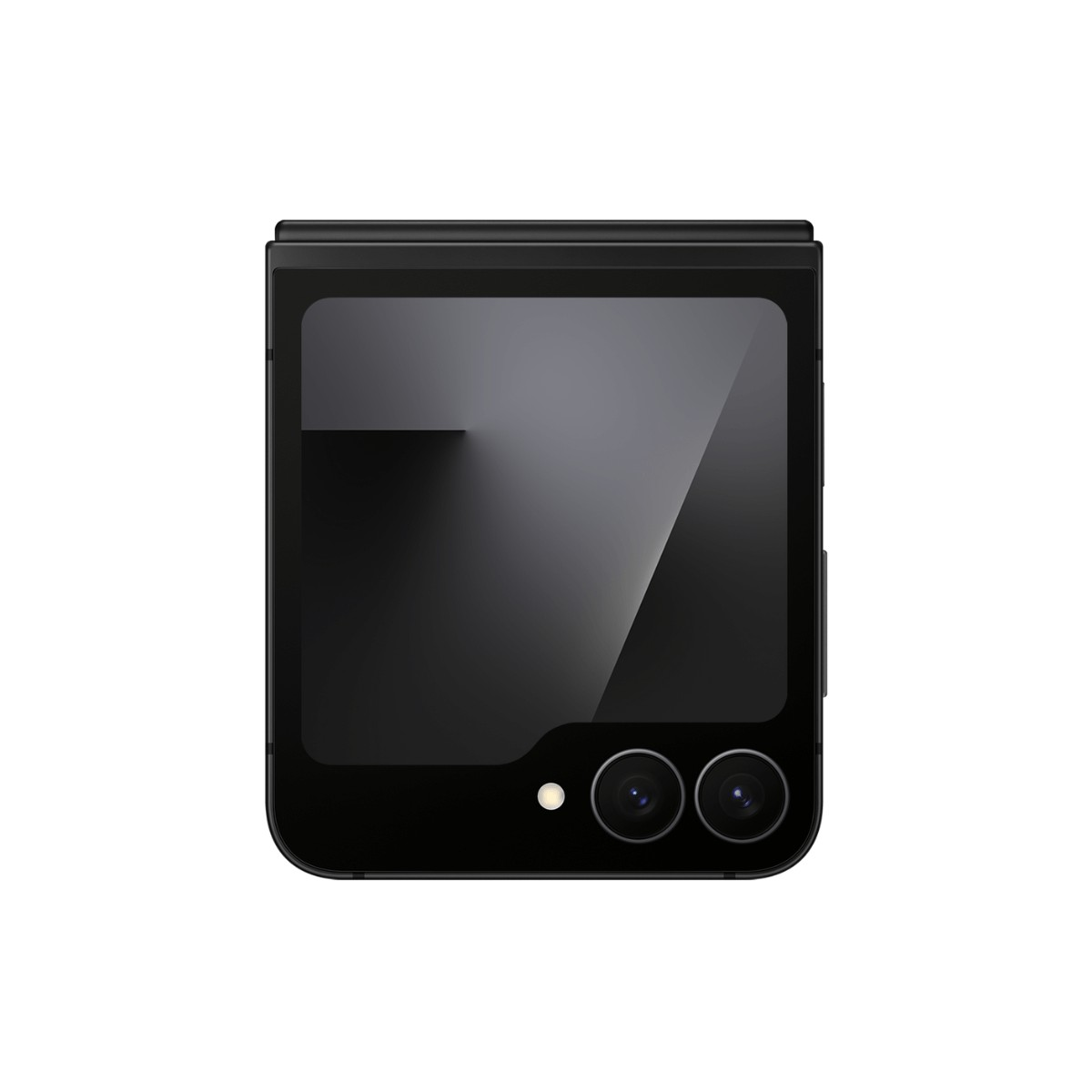 Un téléphone à clapet noir avec écran externe et deux caméras.