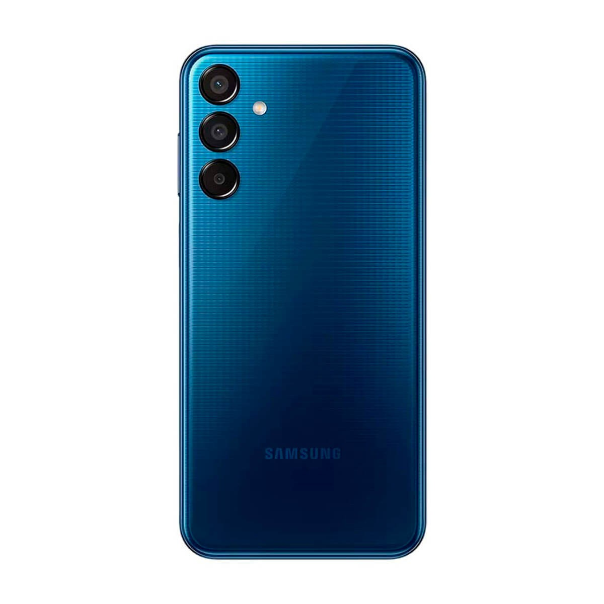 Il retro blu di uno smartphone Samsung con tre obiettivi fotografici allineati verticalmente e flash.