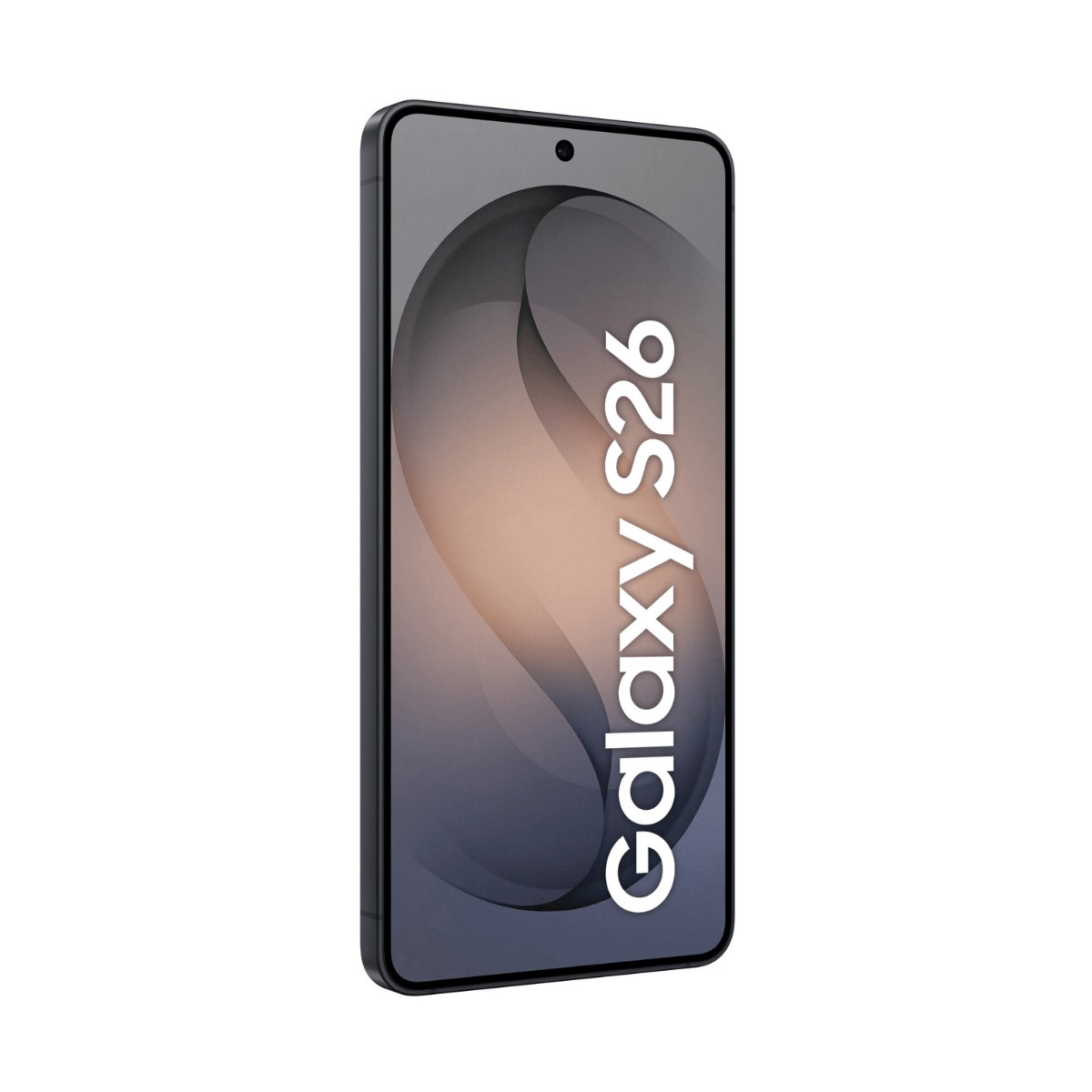 Ein Smartphone mit dunklem Design zeigt den Text Galaxy S26 auf dem Bildschirm vor weißem Hintergrund.