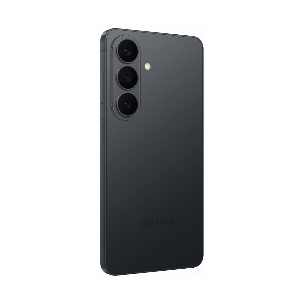 Rückseite eines dunklen Samsung-Smartphones mit drei vertikal angeordneten Kameralinsen.
