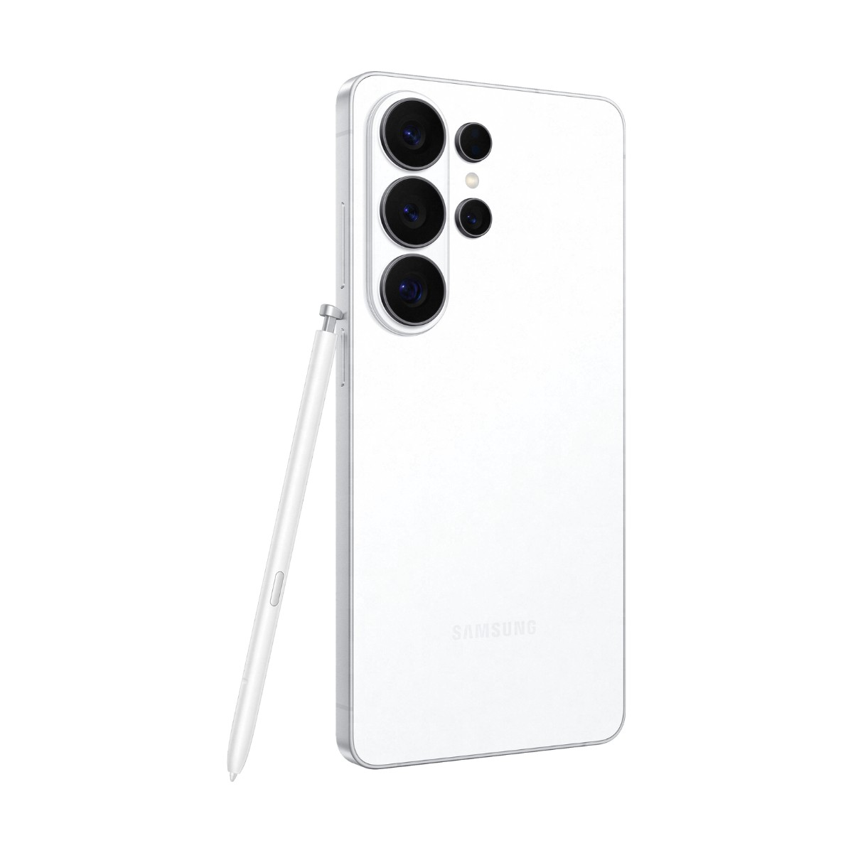 Uno smartphone bianco visto da dietro, con quattro obiettivi fotografici e un pennino.