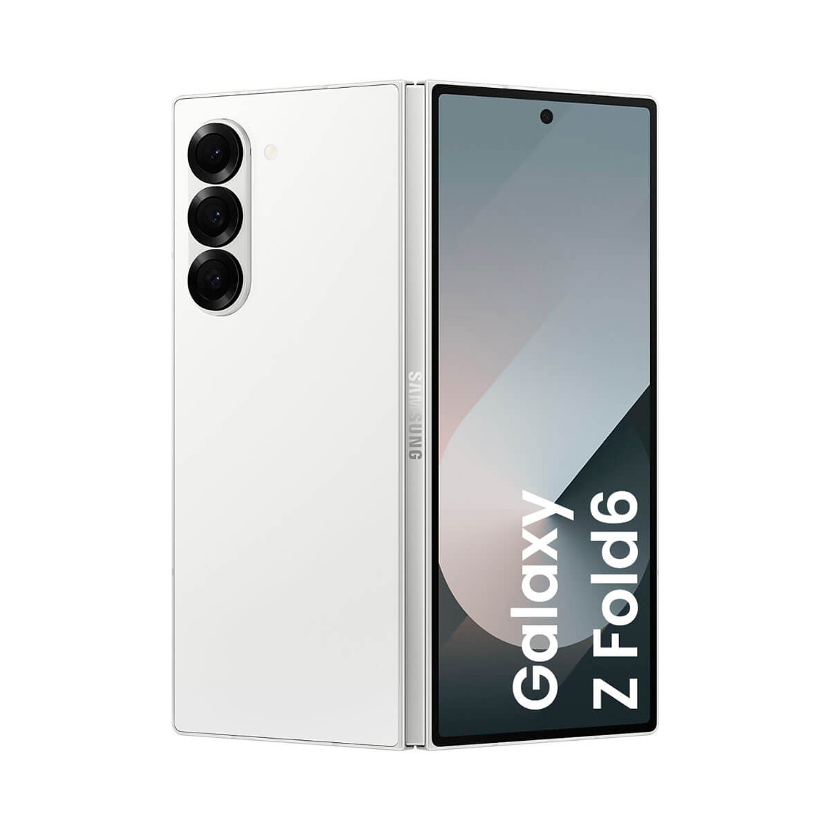 Uno smartphone Samsung Galaxy Z Fold6 bianco mostra lo schermo anteriore e la tripla fotocamera posteriore.