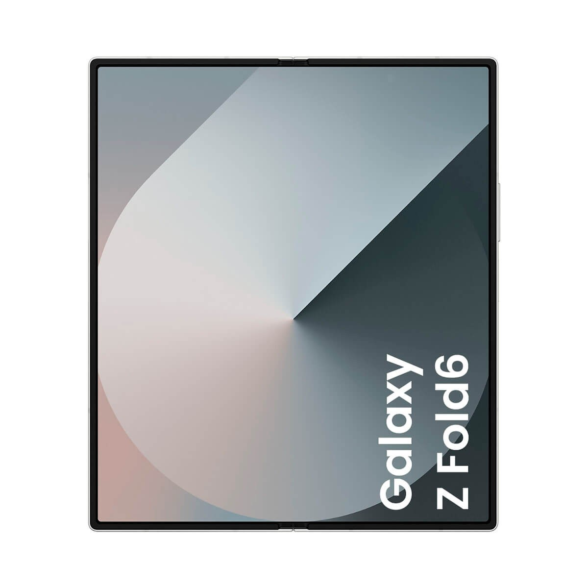 Uno smartphone Galaxy Z Fold6 aperto con uno sfondo chiaro astratto e testo bianco nell'angolo in basso a destra.