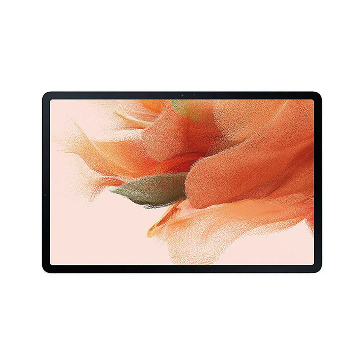 Ein Tablet mit schwarzem Rahmen zeigt ein abstraktes, orange-rosa Hintergrundbild gegen einen weißen Hintergrund.