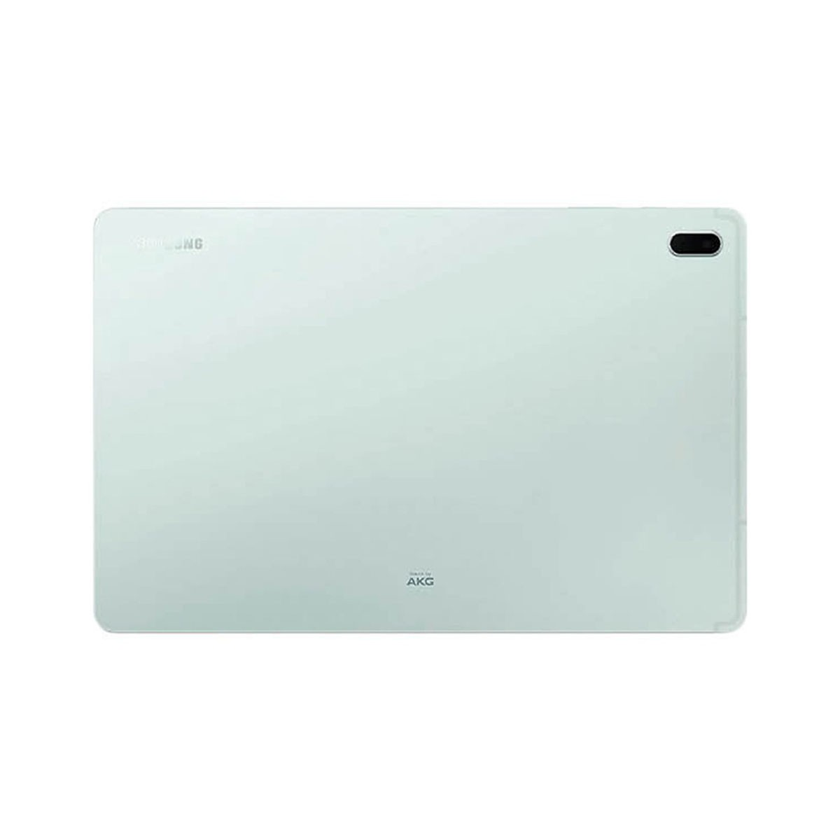 Die Rückseite eines hellgrünen Samsung-Tablets mit Kamera und AKG-Logo.