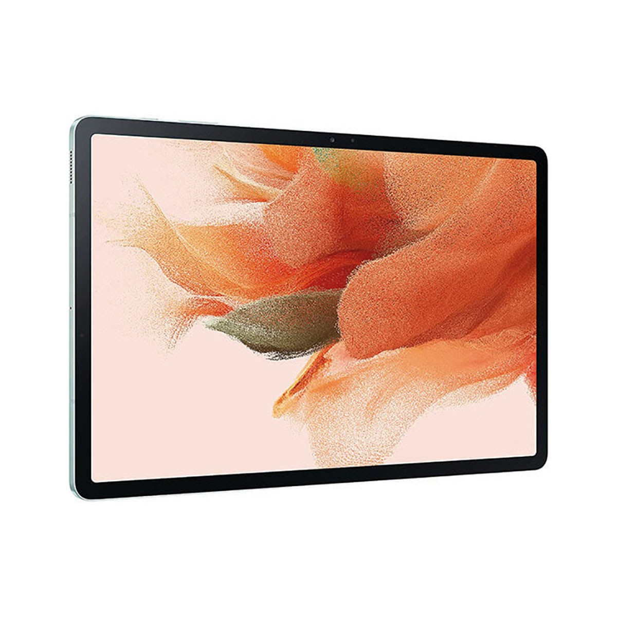Ein Tablet mit schwarzem Rahmen zeigt einen abstrakten orangefarbenen Hintergrund auf dem Bildschirm.