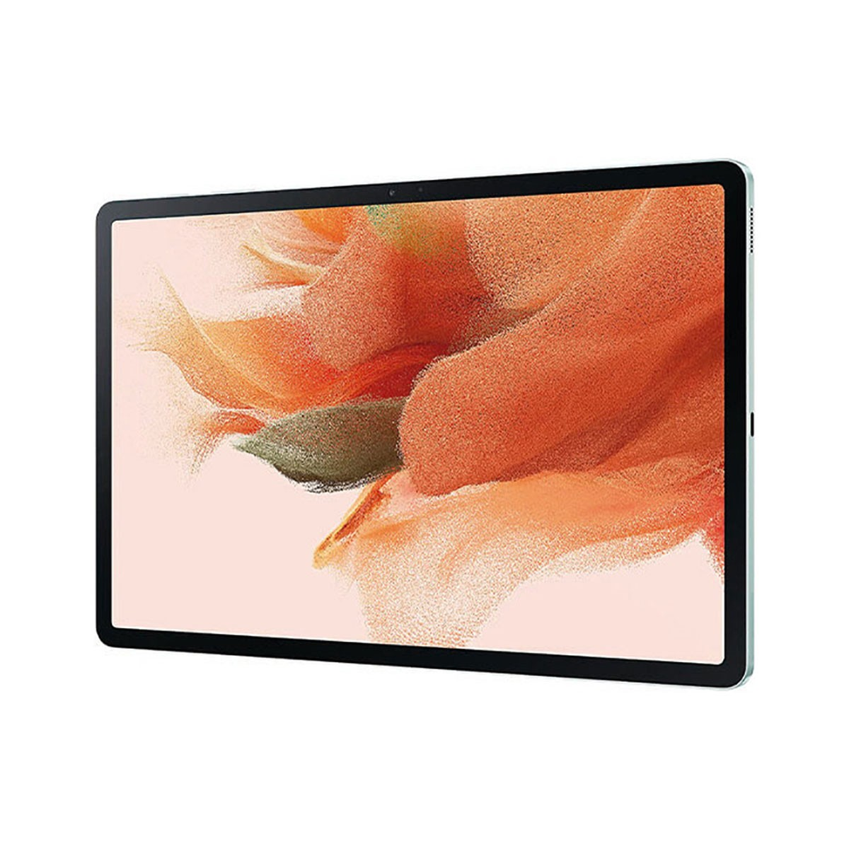 Ein Tablet mit einem hellblauen Rahmen und einem Display, das eine orangefarbene abstrakte Blume zeigt.
