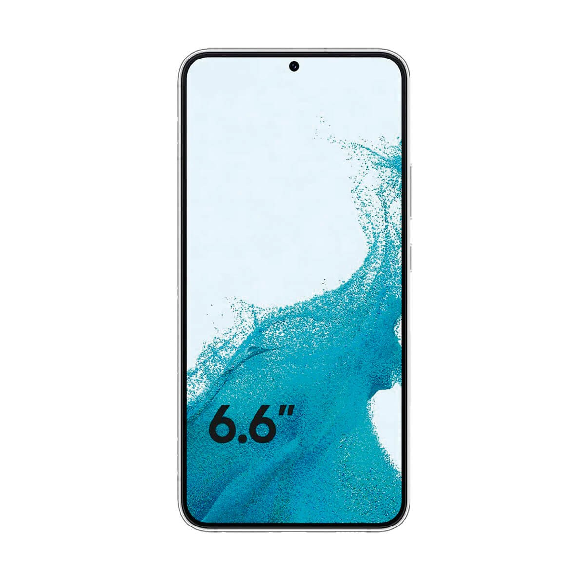Smartphone mit einem 6,6 Zoll großen Bildschirm und blauem Wellenmuster auf weißem Hintergrund.