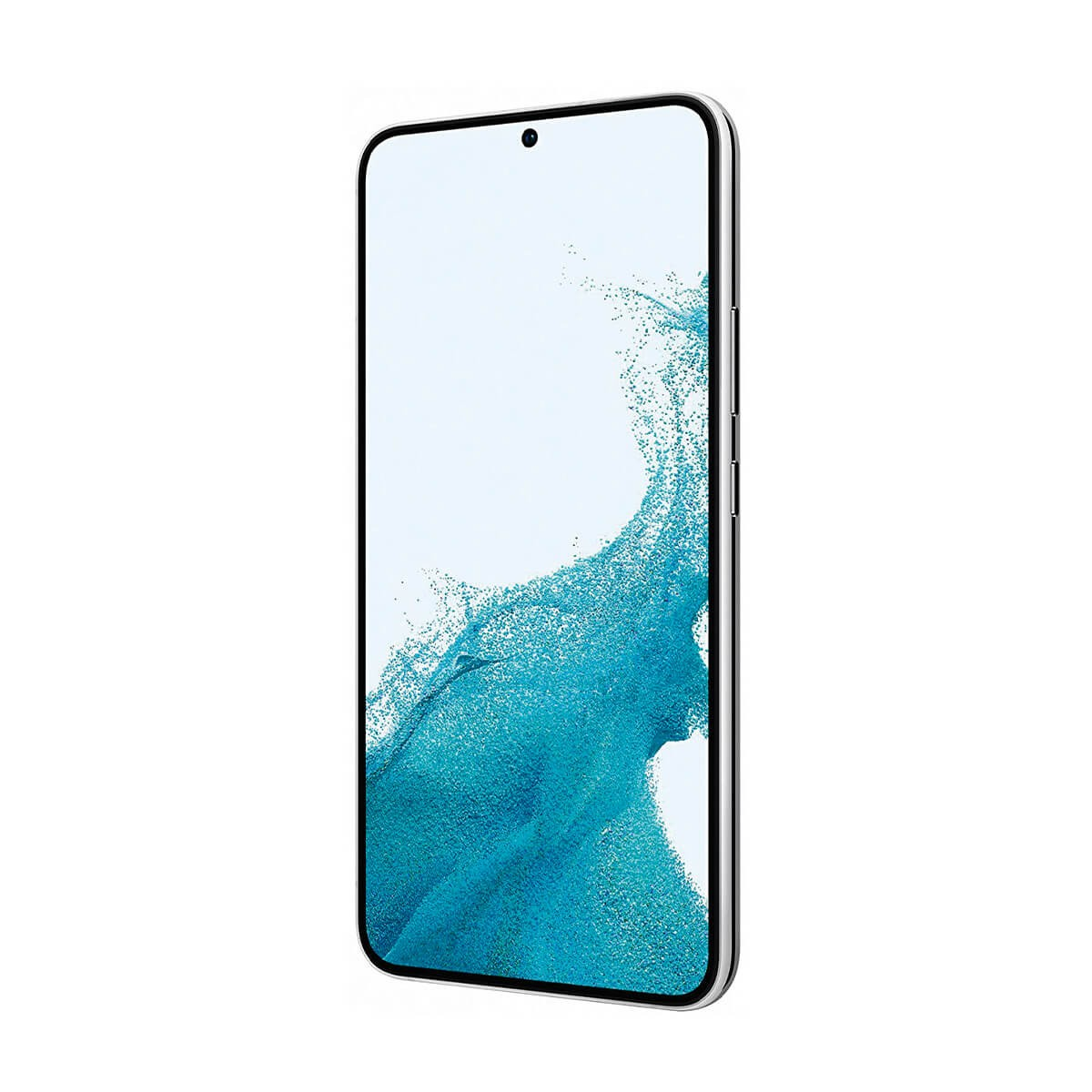 Ein weißes Smartphone mit lebendiger blauer abstrakter Tapete auf dem Bildschirm vor weißem Hintergrund.