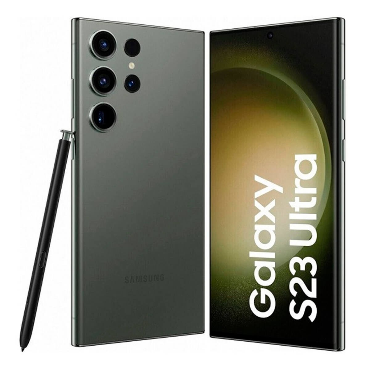 Un Samsung Galaxy S23 Ultra verde con lápiz junto a la vista frontal que muestra el nombre del producto.