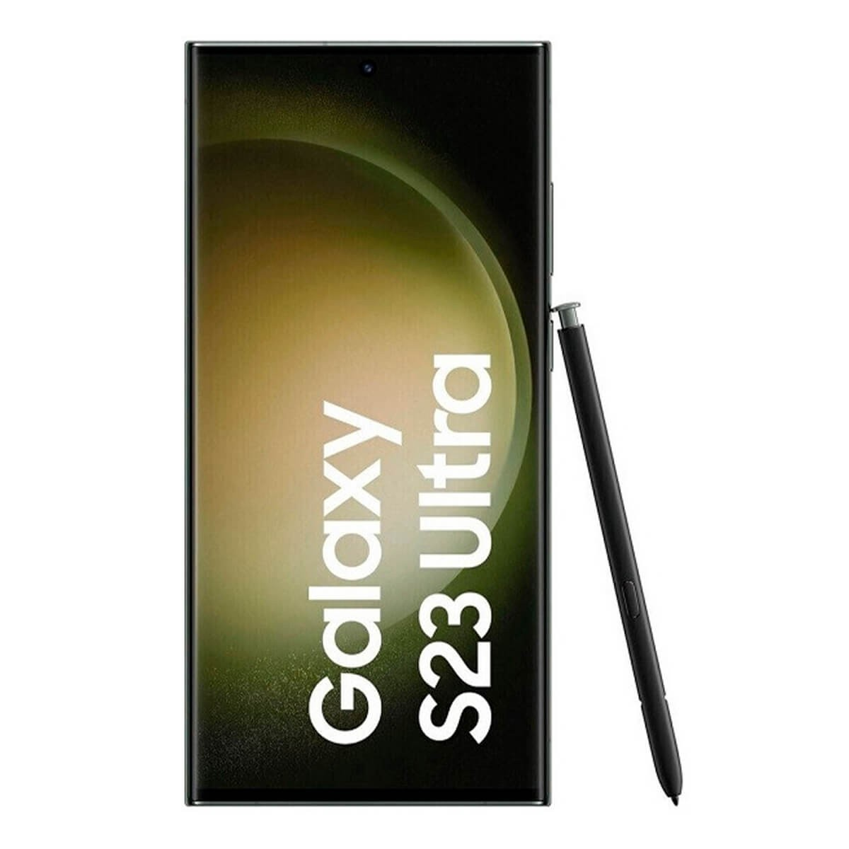 Smartphone Galaxy S23 Ultra con lápiz óptico S Pen sobre fondo blanco.