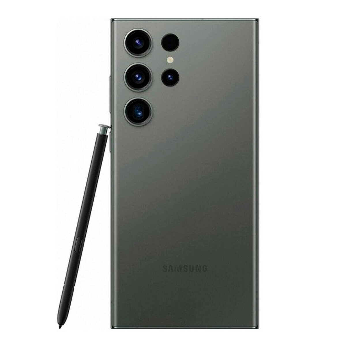 Smartphone Samsung verde oscuro visto desde atrás, con cuatro lentes de cámara y un lápiz S-Pen negro al lado.