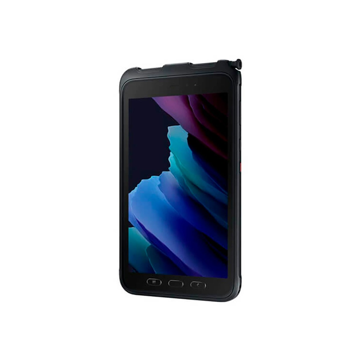 Ein schwarzes, robustes Tablet mit buntem abstrakten Hintergrundbild und drei physischen Tasten auf weißem Grund.
