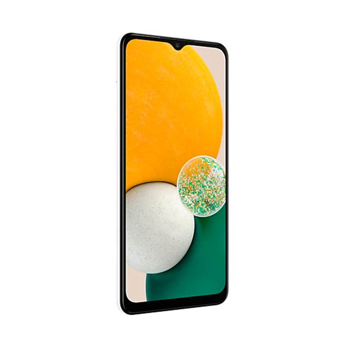 Un teléfono inteligente con marco negro muestra un fondo abstracto colorido en amarillo, verde y blanco.