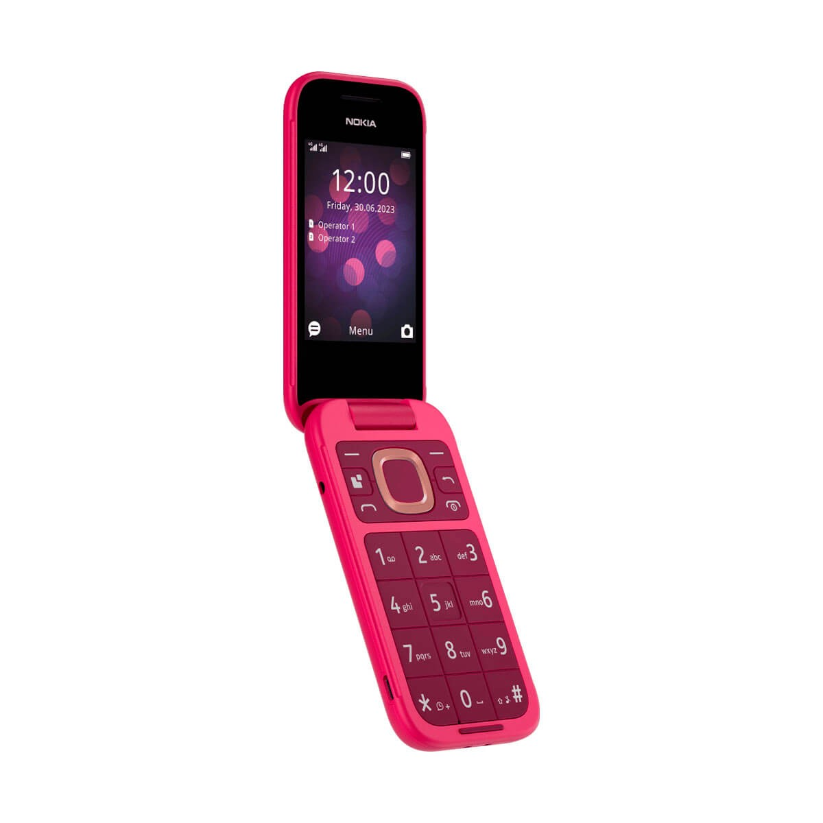 Un cellulare a conchiglia Nokia rosa acceso aperto, che mostra lo schermo e la tastiera.