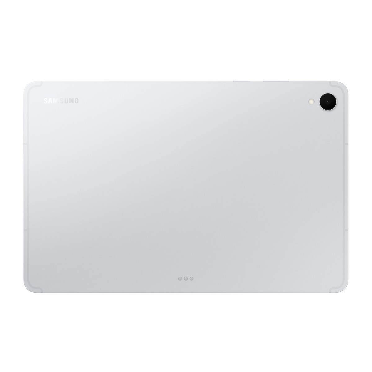 Il retro di un tablet Samsung bianco con fotocamera e logo.