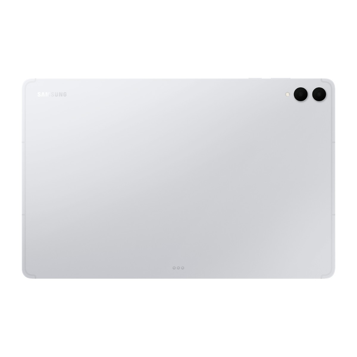 Vista posteriore di un tablet Samsung argentato con due fotocamere, flash LED e logo Samsung.