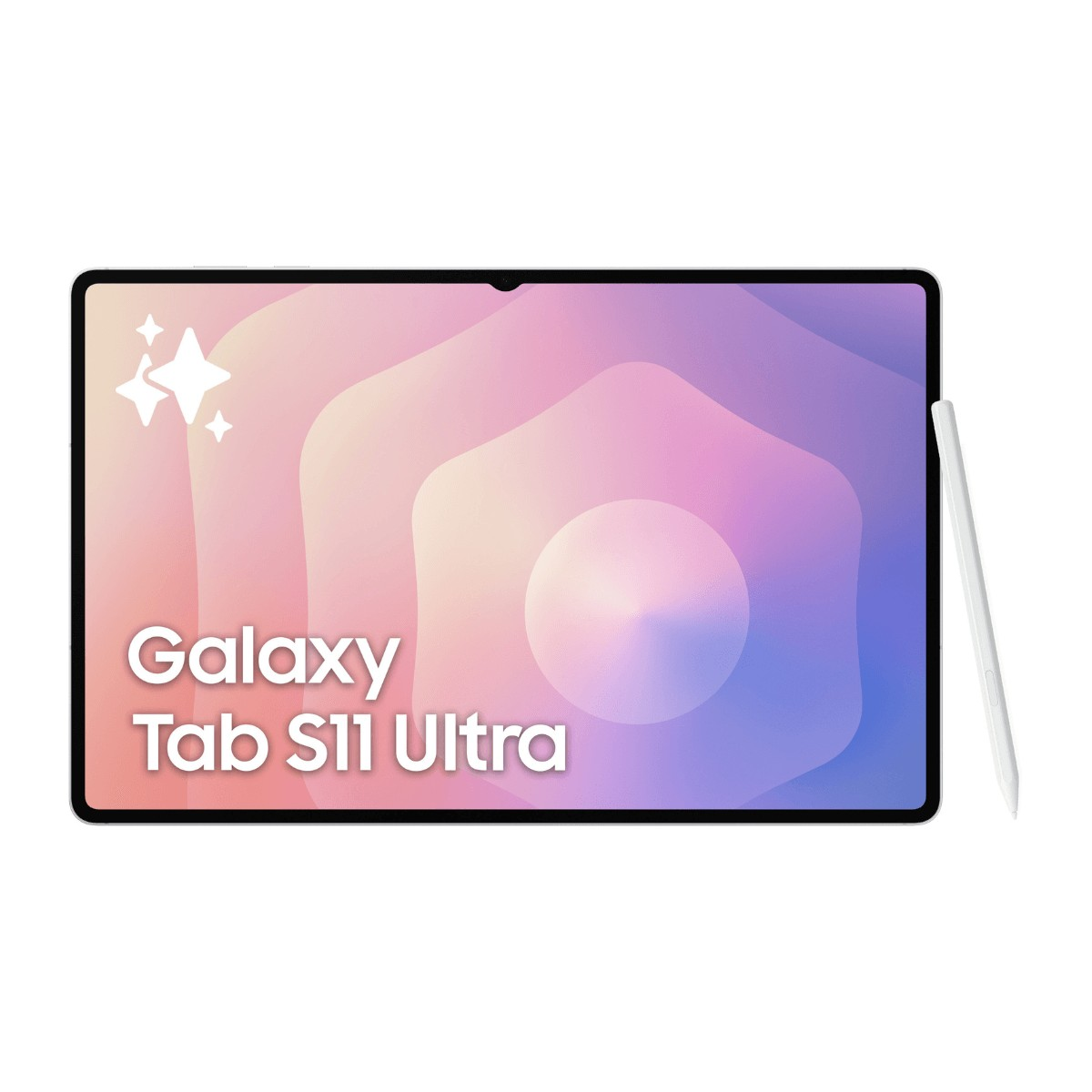 Un Galaxy Tab S11 Ultra con pennino su sfondo rosa e blu.