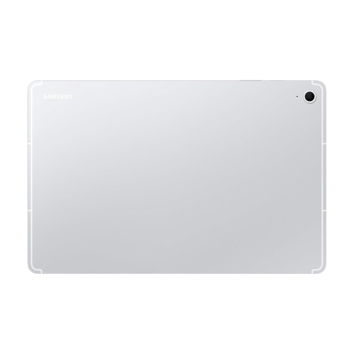 Vista posteriore del tablet Samsung argento con fotocamera e logo.