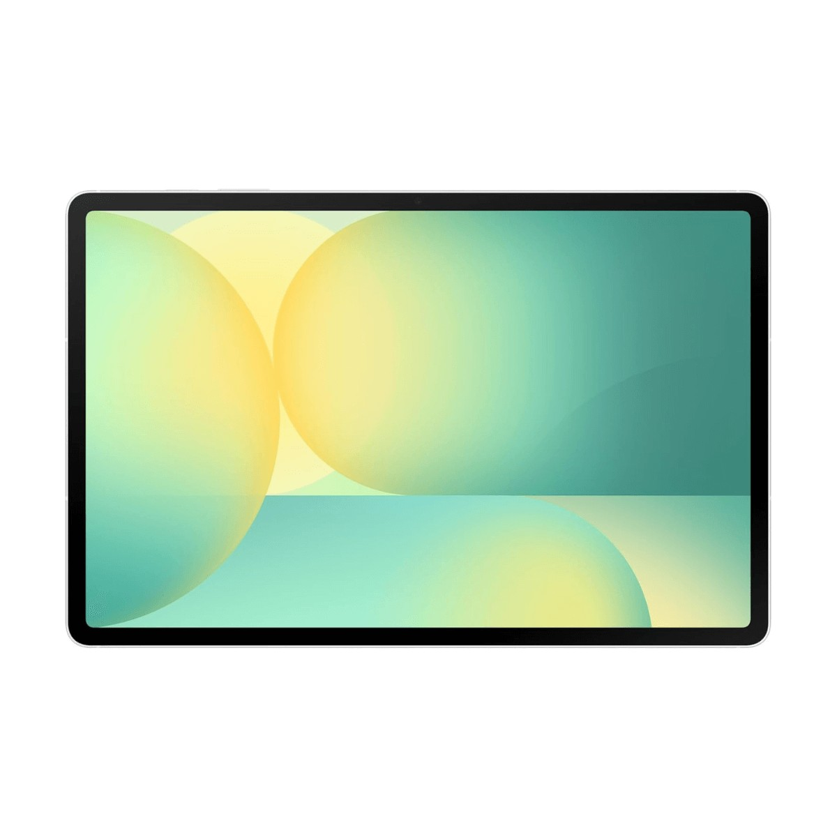 Un tablet con cornice bianca mostra uno schermo astratto con bolle gialle e turchesi.