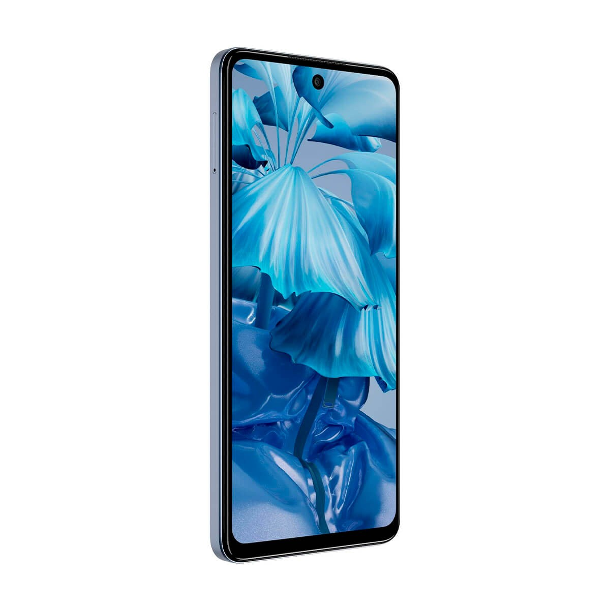 Uno smartphone azzurro mostra un vivace sfondo floreale astratto blu.