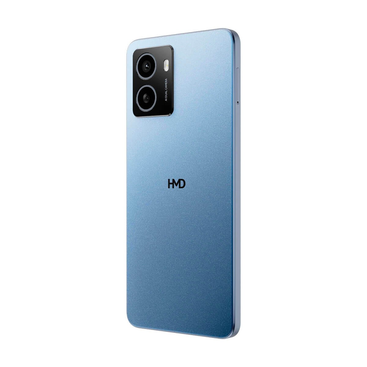Retro blu di uno smartphone HMD con doppia fotocamera verticale in alto a sinistra e logo HMD al centro.