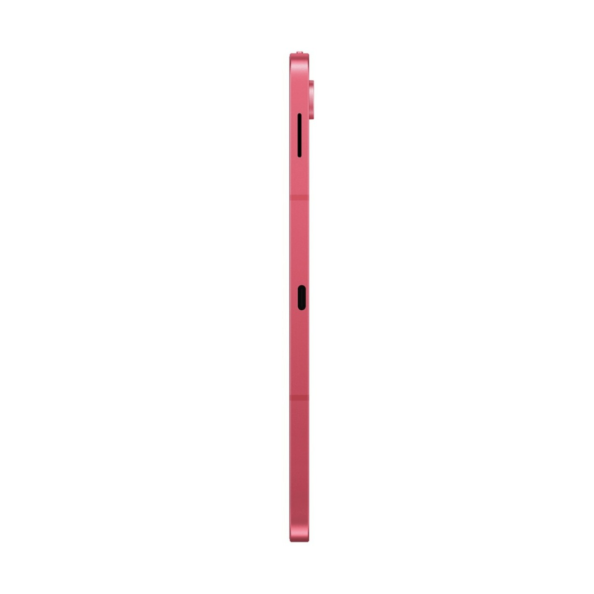 Vista laterale di un tablet rosa con pulsanti e porte.