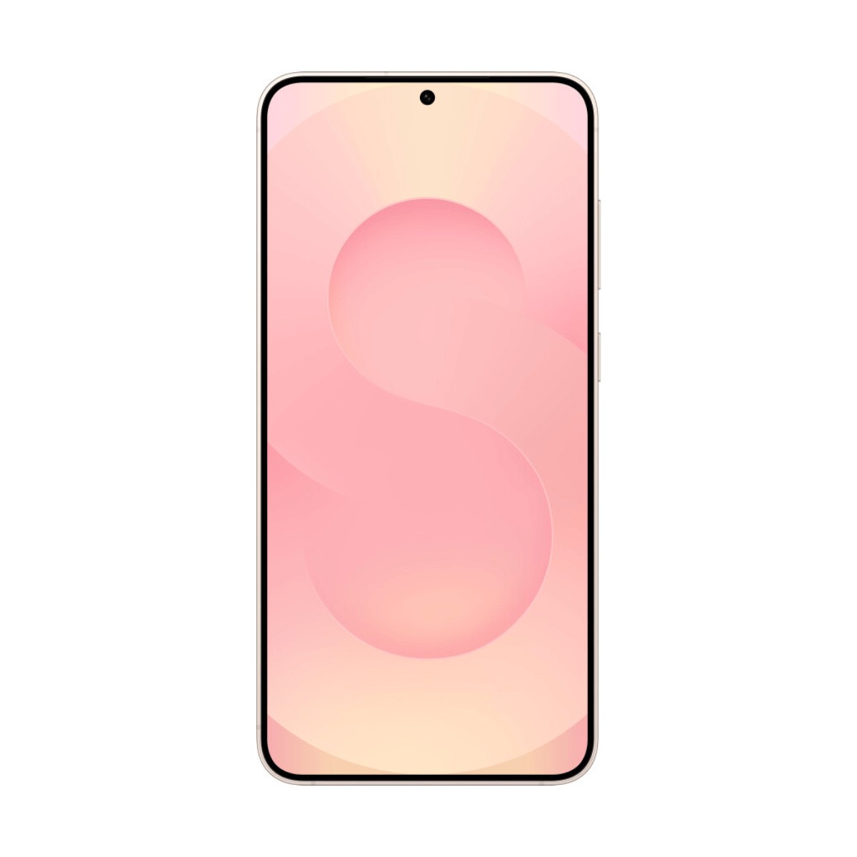 Uno smartphone con sfondo astratto rosa che mostra la lettera S sullo schermo.
