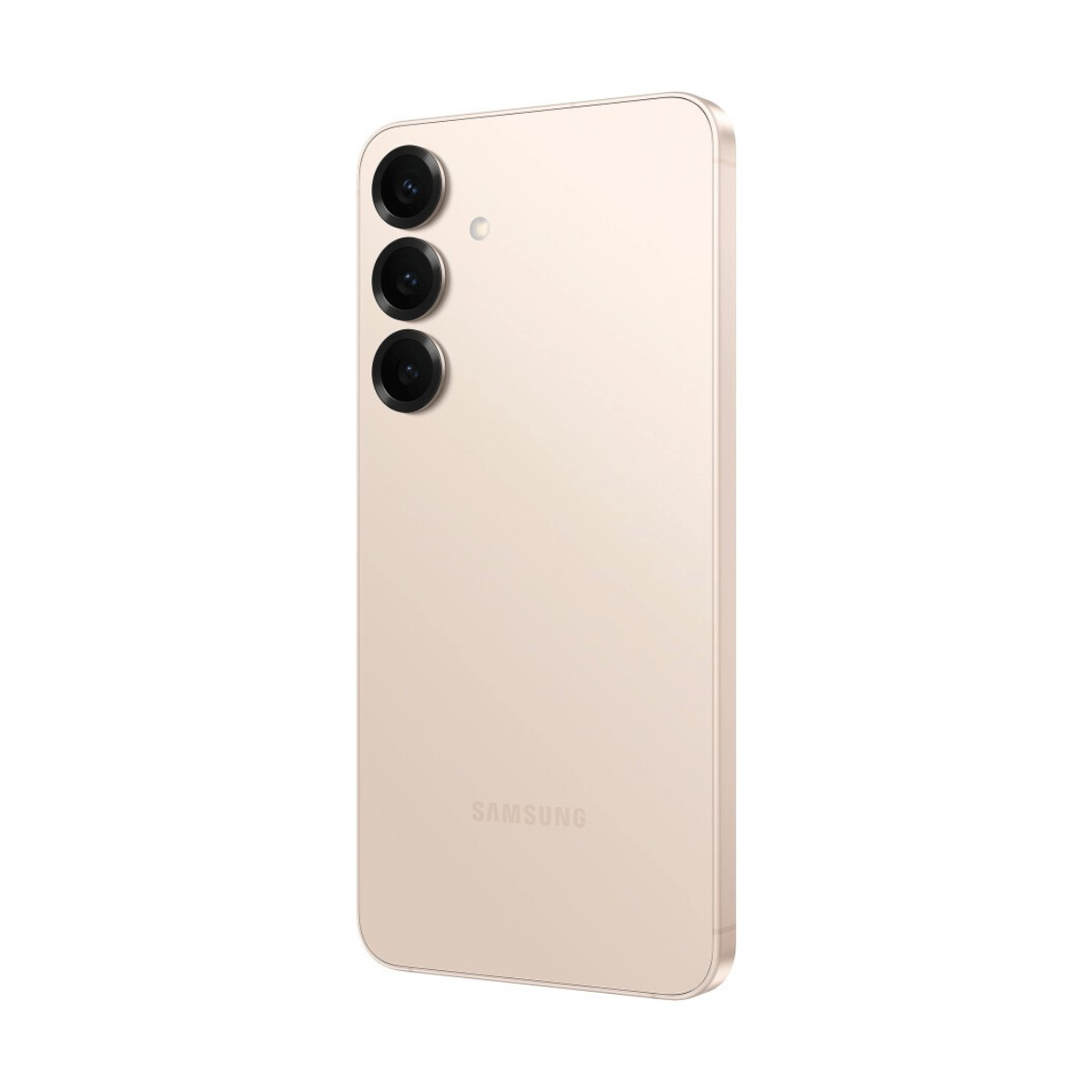 Retro di uno smartphone Samsung beige con tre fotocamere verticali e un flash su sfondo bianco.