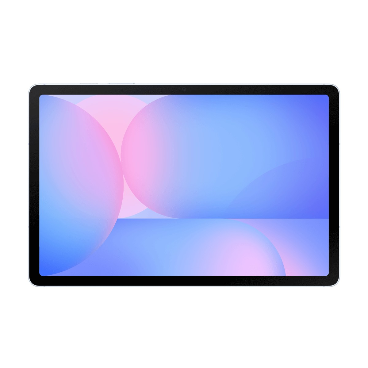 Un tablet con uno sfondo astratto blu e rosa sullo schermo, isolato su sfondo bianco.