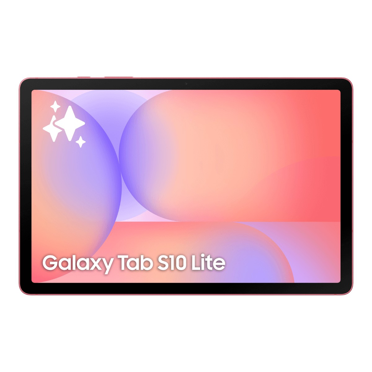 Galaxy Tab S10 Lite con cornice rosa e sfondo astratto colorato.