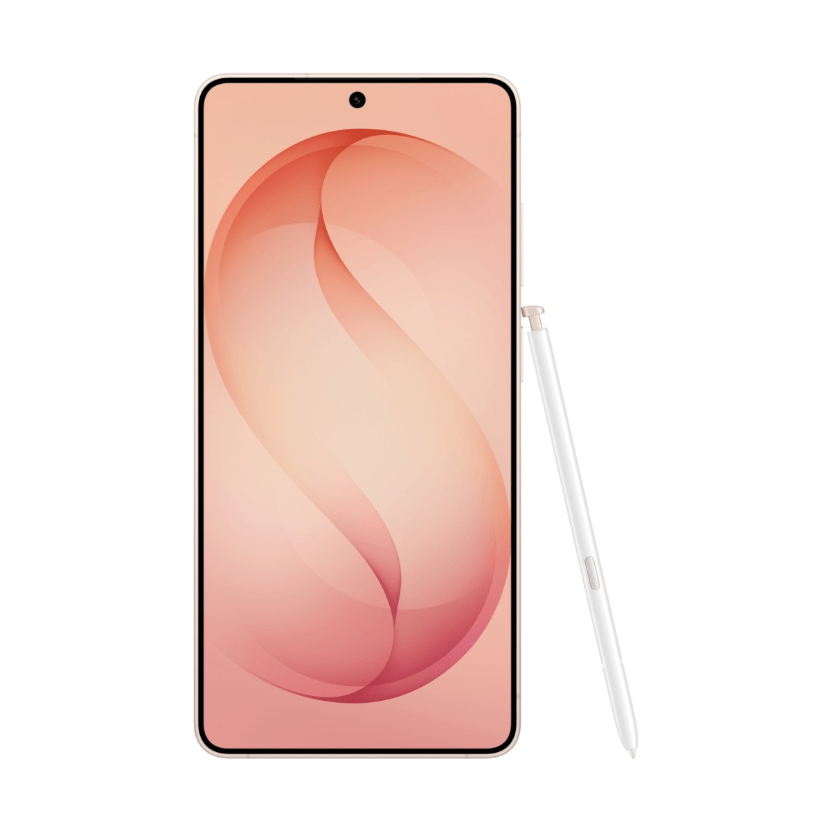 Uno smartphone con sfondo rosa e una penna stilo bianca accanto su sfondo bianco.