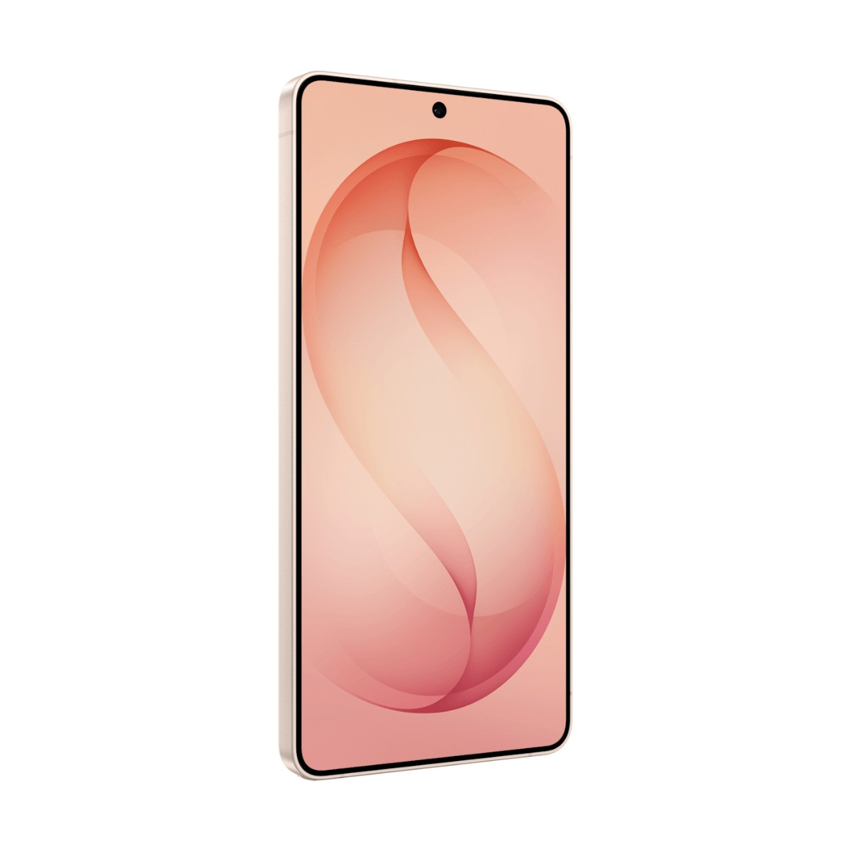 Uno smartphone in verticale con un motivo astratto a onde rosa sullo schermo su sfondo bianco.