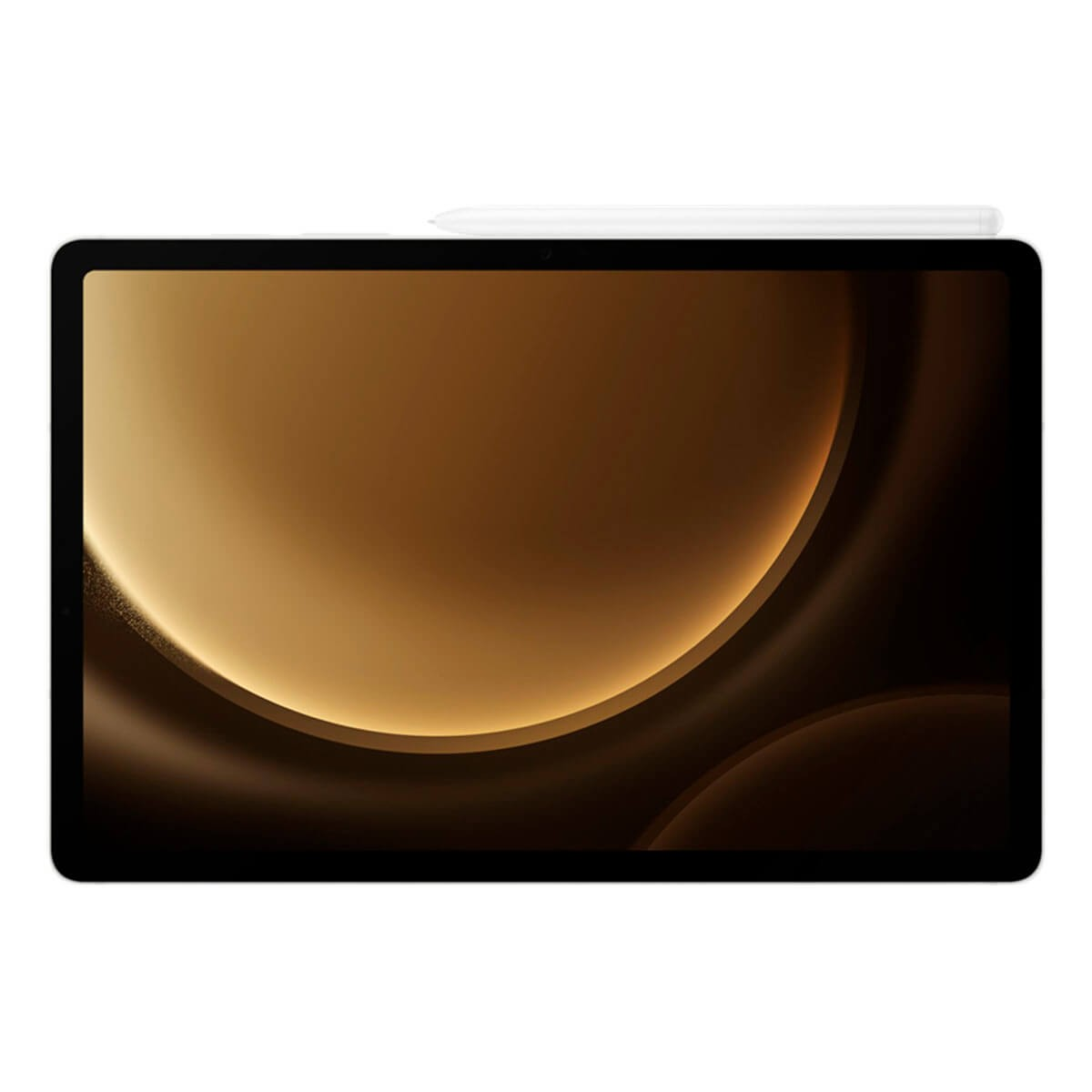 Un tablet con motivo dello schermo dorato e stilo bianco in alto, su sfondo bianco.