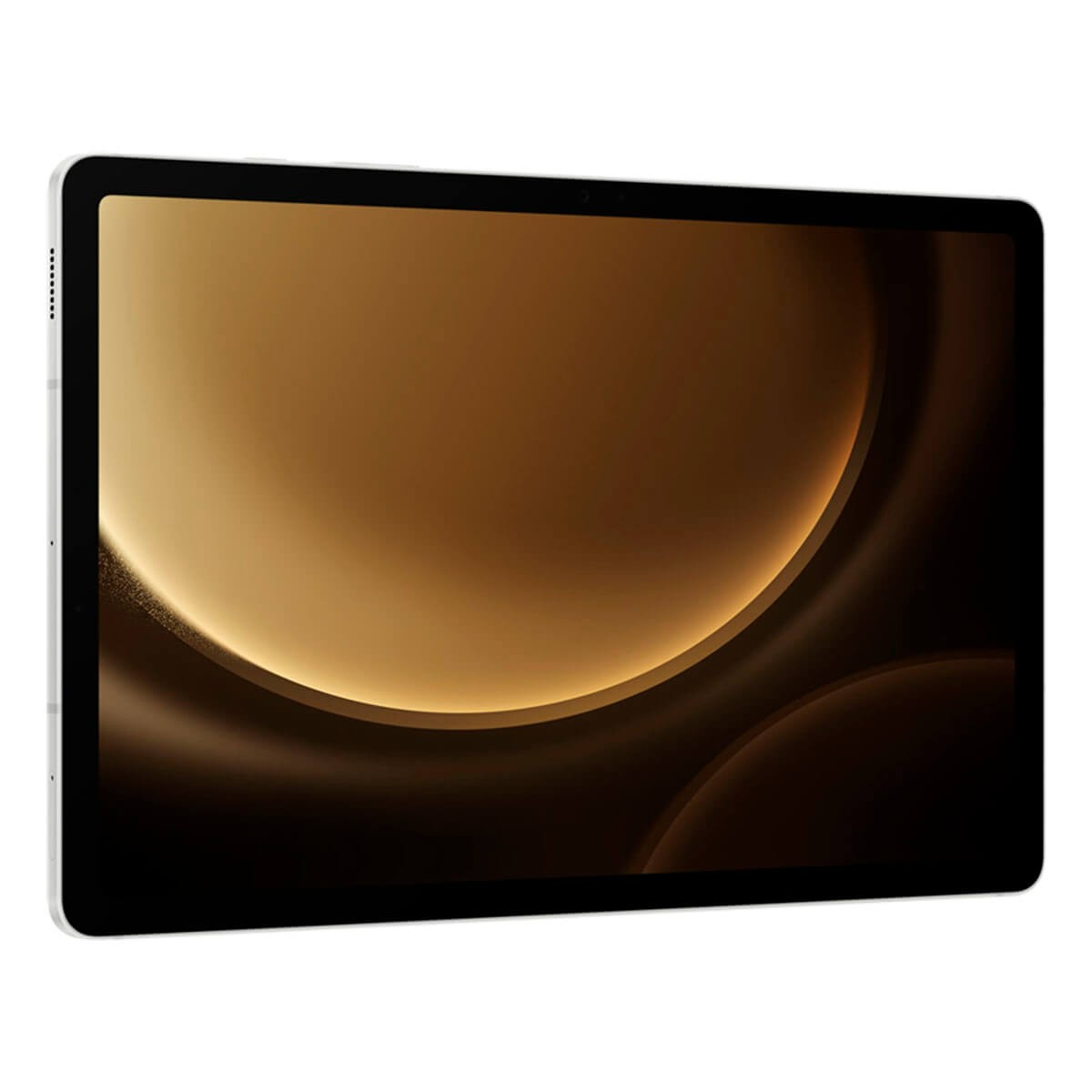 Un tablet bianco con cornice nera mostra uno sfondo astratto dorato su sfondo bianco.