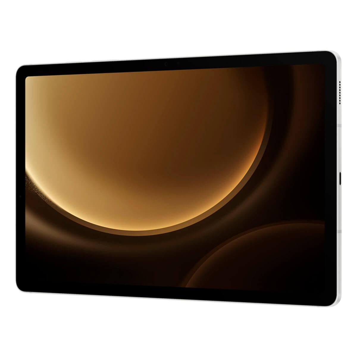 Un tablet argento con schermo scuro mostra un motivo circolare marrone astratto su sfondo bianco.