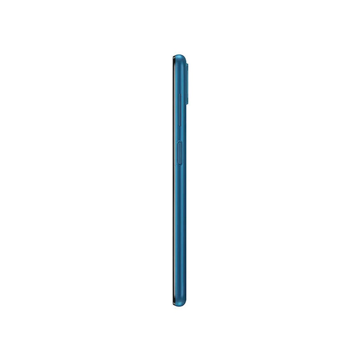 Seitenansicht eines blauen Smartphones auf weißem Hintergrund.