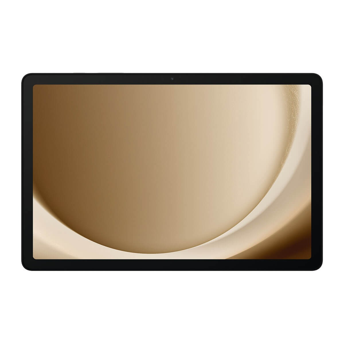 Un tablet nero con uno sfondo astratto beige e marrone su uno sfondo bianco.