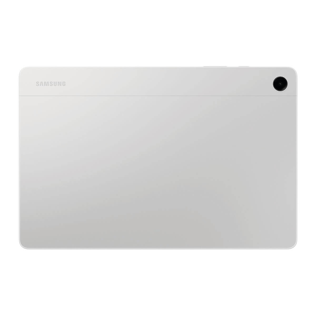 Retro di un tablet Samsung argento con fotocamera e logo su sfondo bianco.
