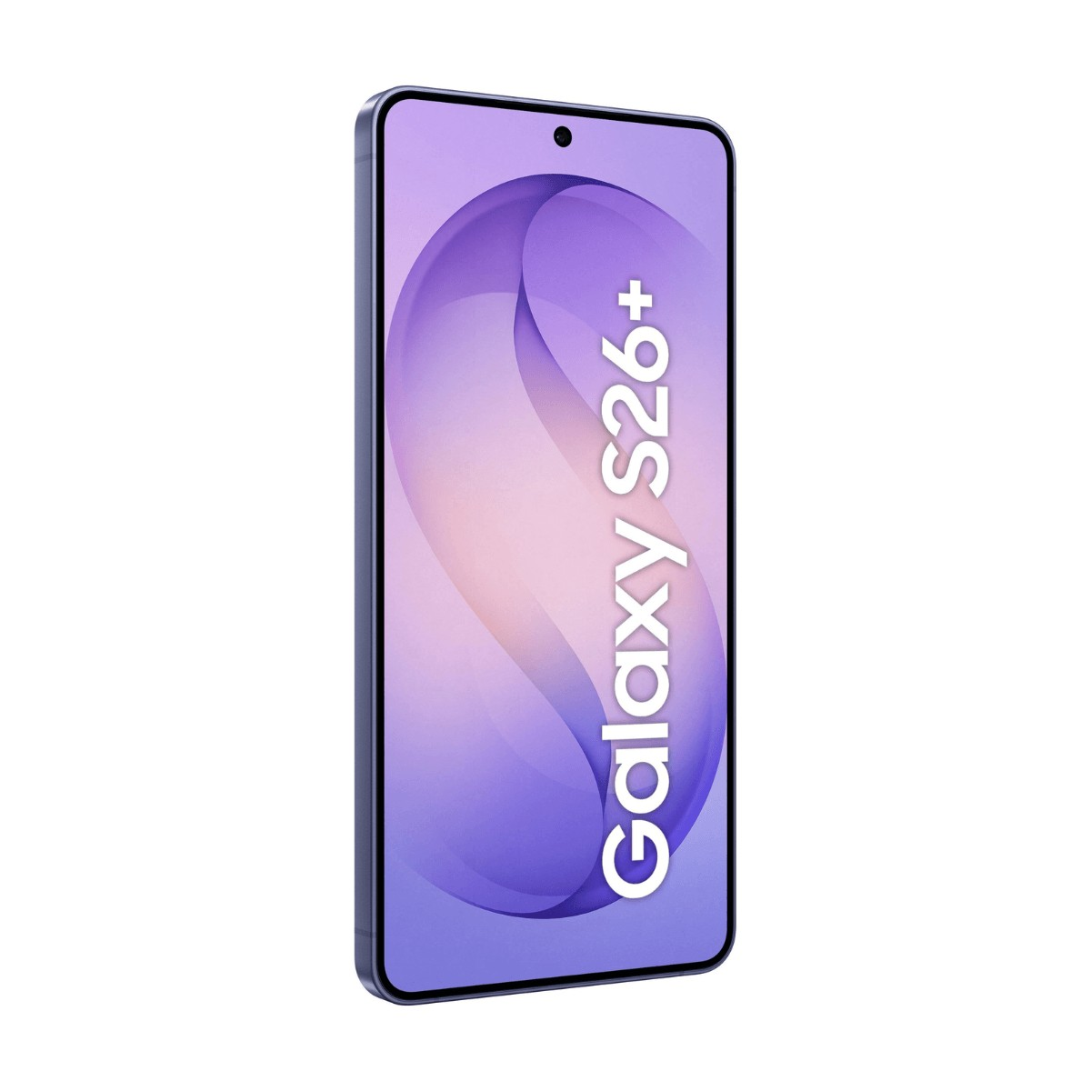 A smartphone with a purple frame displays the text Galaxy S26+ on its screen.